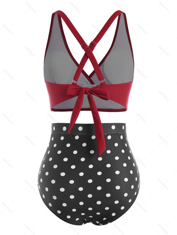Maillot de Bain Tankini Vintage Gainant Plissé à Taille Haute à Pois de Vacance - Rouge foncé S