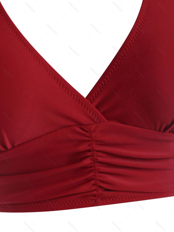 Maillot de Bain Tankini Vintage Gainant Plissé à Taille Haute à Pois de Vacance - Rouge foncé S