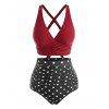 Tummy Control Tankini Swimsuit Vintage Swimwear Polka Dot Ruched Crisscross Summer Beach Bathing Suit - DEEP RED M