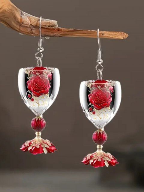 Boucles D'Oreilles en Verre de Vin Motif Rose pour la Saint-Valentin