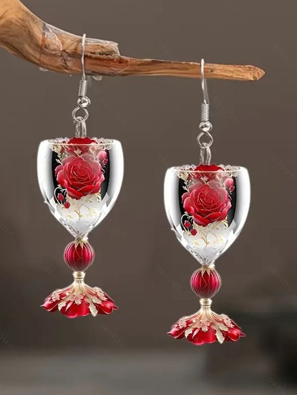 Boucles D'Oreilles en Verre de Vin Motif Rose pour la Saint-Valentin - Rouge 