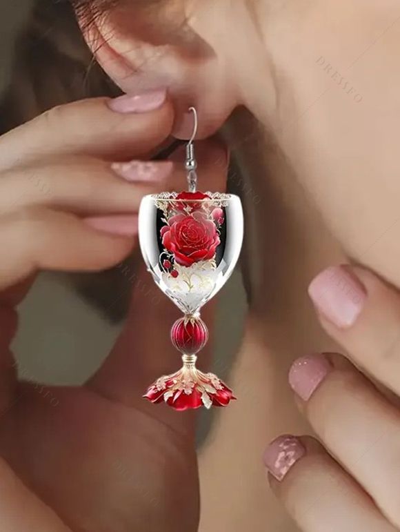 Boucles D'Oreilles en Verre de Vin Motif Rose pour la Saint-Valentin - Rouge 