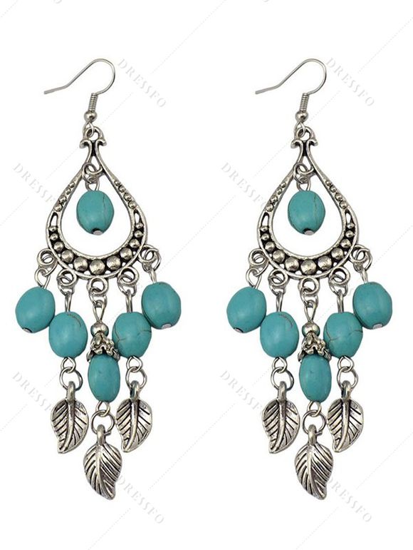 Boucles D'Oreilles Longues Bohème Ethnique Feuille Goutte D'Eau en Turquoise à Frange - Bleu 