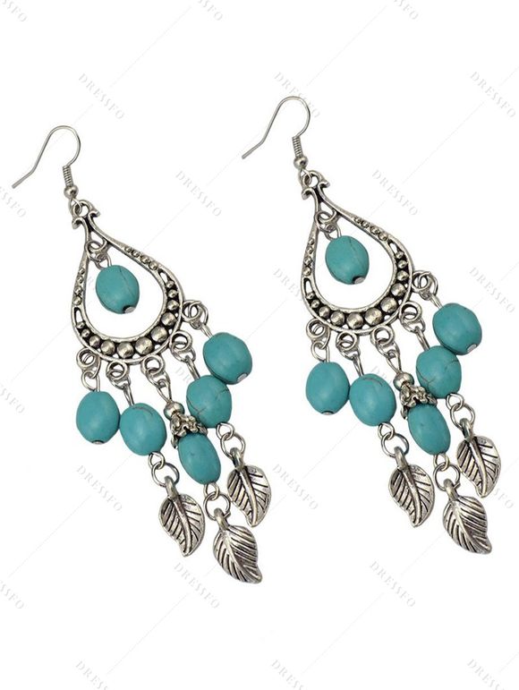 Boucles D'Oreilles Longues Bohème Ethnique Feuille Goutte D'Eau en Turquoise à Frange - Bleu 
