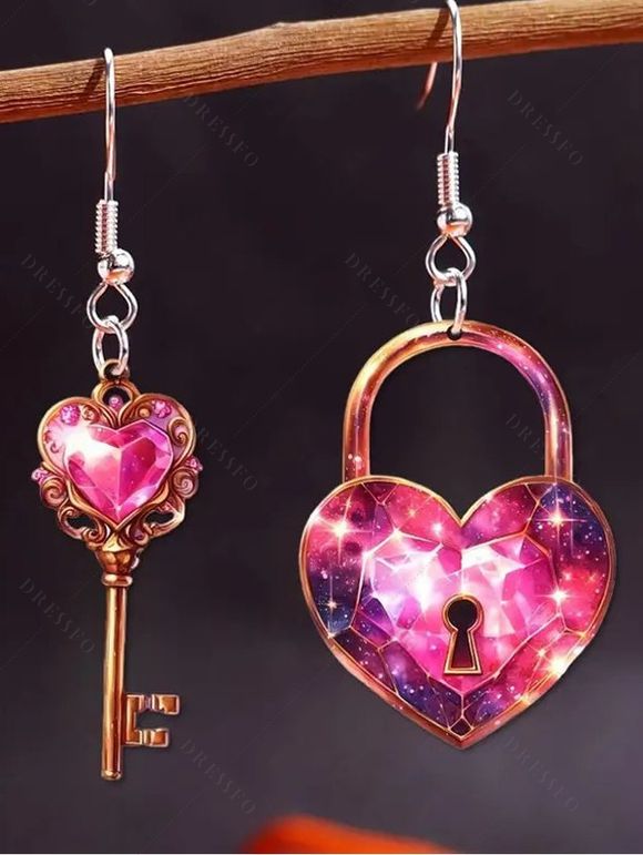 Boucles D'Oreilles Romantiques en Acrylique Motif Cœur et Clef pour la Saint-Valentin - Rouge 