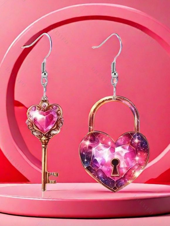 Boucles D'Oreilles Romantiques en Acrylique Motif Cœur et Clef pour la Saint-Valentin - Rouge 