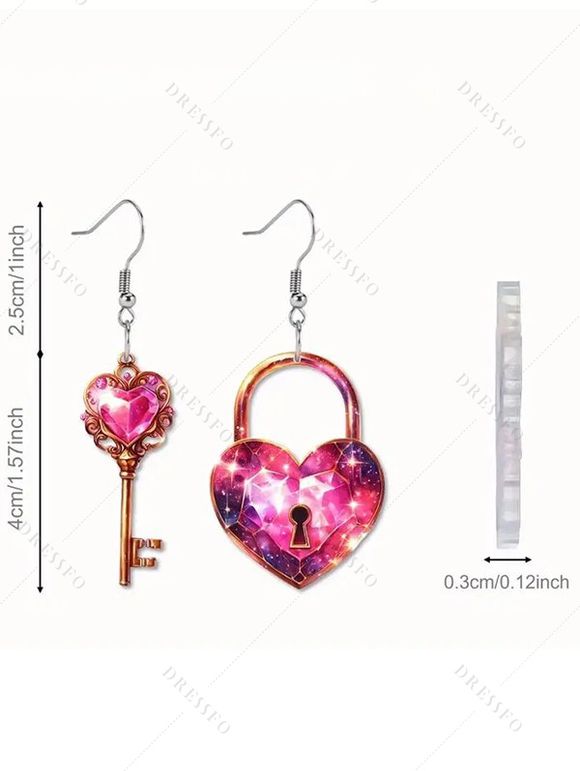 Boucles D'Oreilles Romantiques en Acrylique Motif Cœur et Clef pour la Saint-Valentin - Rouge 