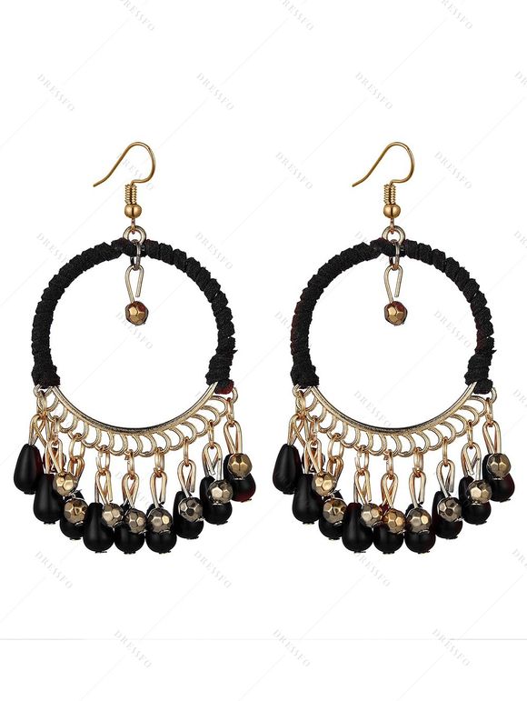 Boucles D'Oreilles Vintage Ethnique Rondes Goutte D'Eau à Frange - Noir 