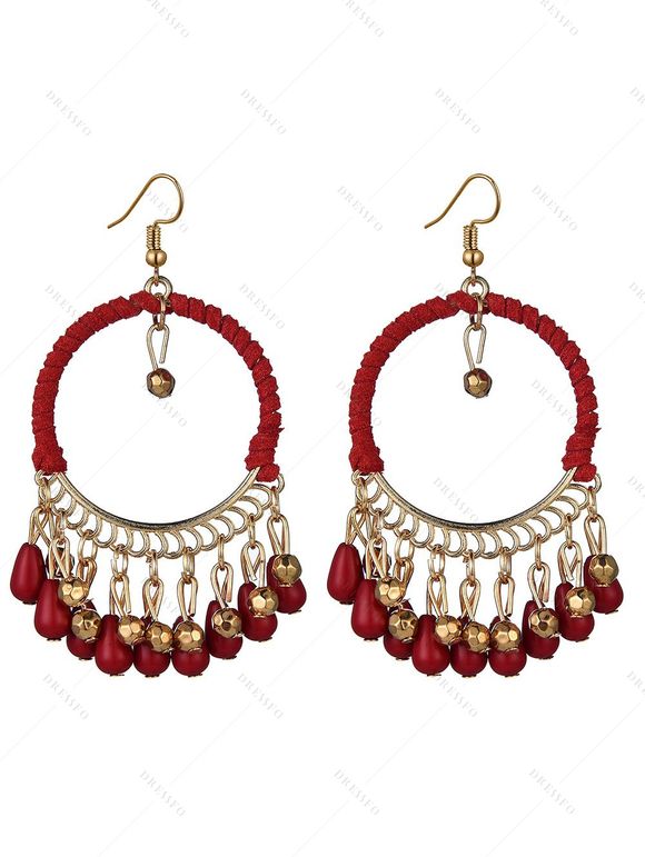 Boucles D'Oreilles Vintage Ethnique Rondes Goutte D'Eau à Frange - Rouge 