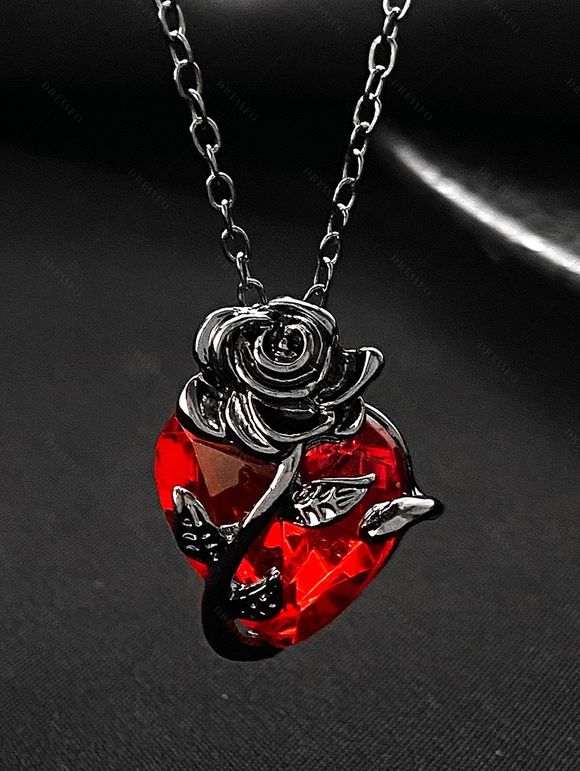Collier Ras-de-Cou Motif Rose et Cœur Style Gothique pour la Saint-Valentin - Rouge 