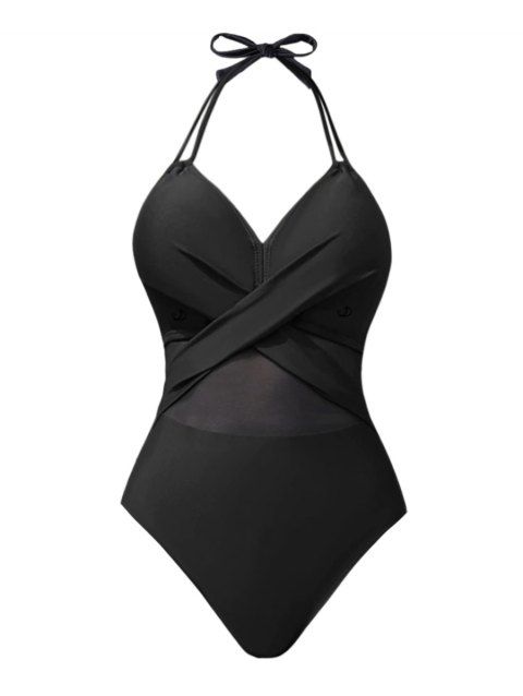 Maillot de Bain Croisé Plongeant en Maille Transparente Une-Pièce à Col Halter
