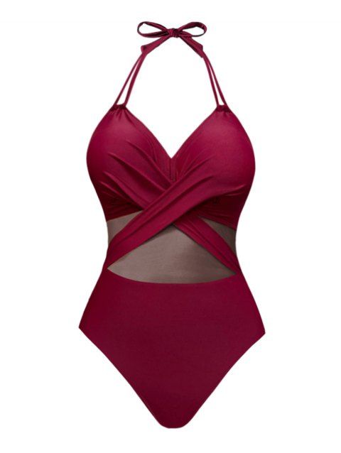 Maillot de Bain Croisé Plongeant en Maille Transparente Une-Pièce à Col Halter