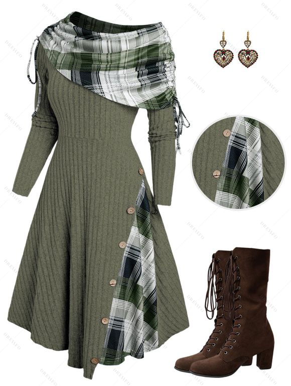 Plaid Patchwork Off The Shoulder Cinched Asymmetric Dress and Lace Up Mid Calf Boots Faux Crystal Drop Earrings Outfit - Vert profond S | US 4