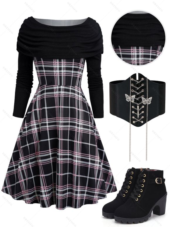 Plaid Print Off the Shoulder Dress and Chunky Heel Faux Leather Boots Lace Up Ribbed Belt Outfit - Noir S | US 4