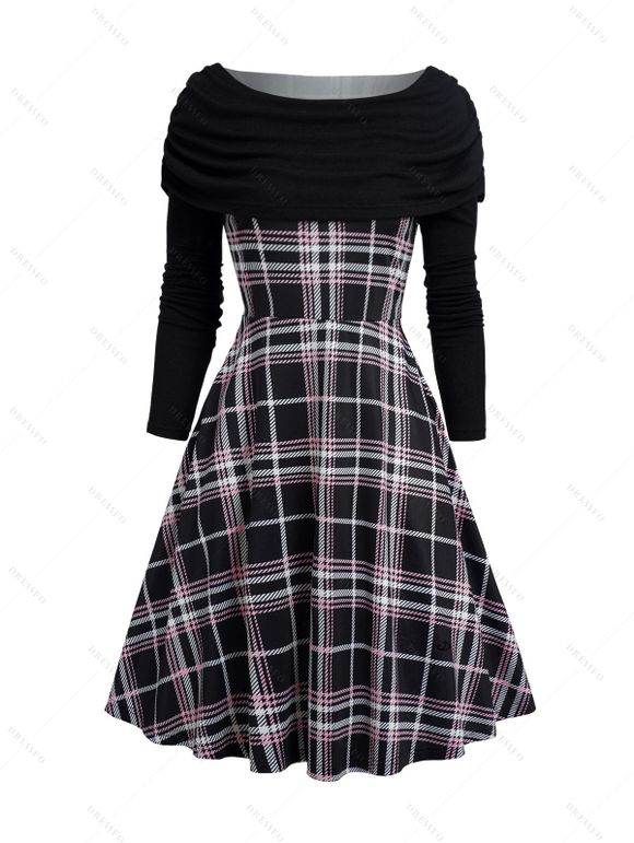 Plaid Print Off the Shoulder Dress and Chunky Heel Faux Leather Boots Lace Up Ribbed Belt Outfit - Noir S | US 4