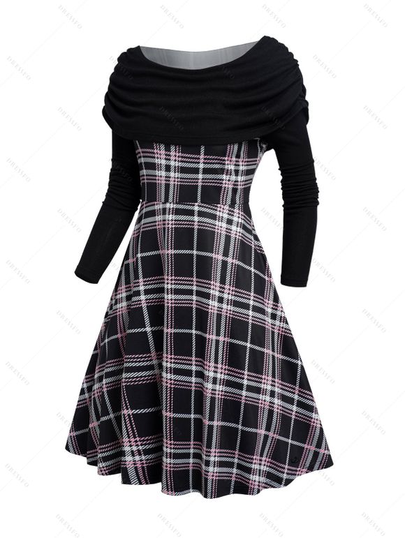 Plaid Print Off the Shoulder Dress and Chunky Heel Faux Leather Boots Lace Up Ribbed Belt Outfit - Noir S | US 4
