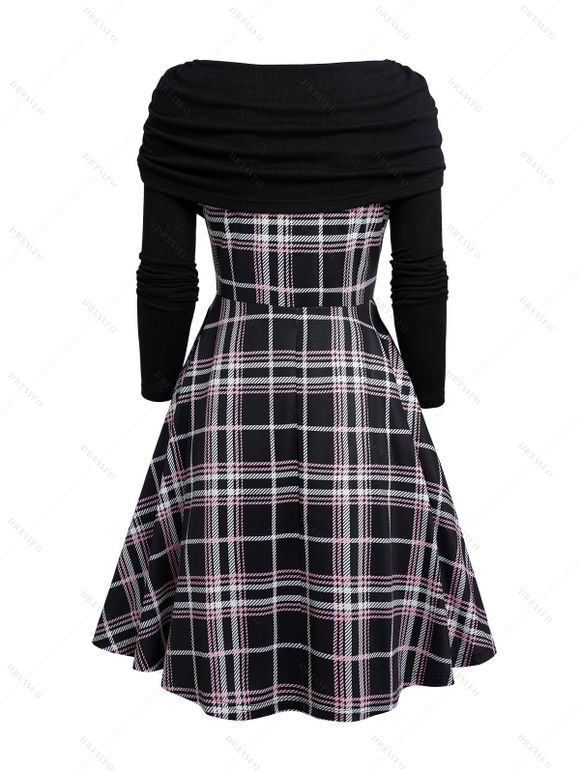 Plaid Print Off the Shoulder Dress and Chunky Heel Faux Leather Boots Lace Up Ribbed Belt Outfit - Noir S | US 4