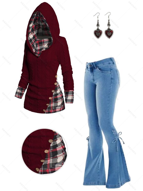 Twisted Cable Knit Plaid Print Hooded Sweater and Lace Up Flare Jeans Heart Rose Rivet Drop Earrings Outfit - Rouge foncé S | US 4