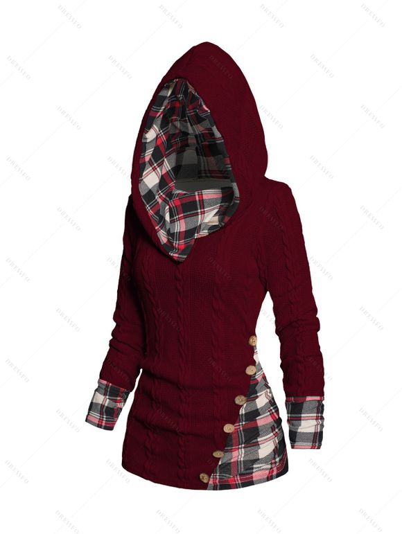 Twisted Cable Knit Plaid Print Hooded Sweater and Lace Up Flare Jeans Heart Rose Rivet Drop Earrings Outfit - Rouge foncé S | US 4