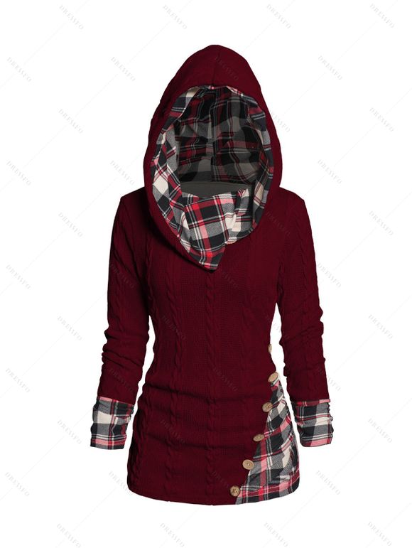 Twisted Cable Knit Plaid Print Hooded Sweater and Lace Up Flare Jeans Heart Rose Rivet Drop Earrings Outfit - Rouge foncé S | US 4