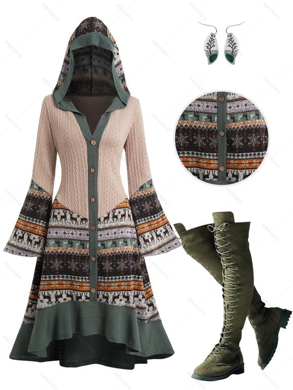 Elk Snowflake Tribal Pattern Knit High Low Hooded Dress and Over The Knee Boots Minimalist Tree Design Earrings Outfit - Vert profond S | US 4