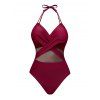 Sheer Mesh Pane Crossover Plunge Halter One-piece Swimsuit - DEEP RED XL | US 10
