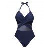 Sheer Mesh Pane Crossover Plunge Halter One-piece Swimsuit - DEEP BLUE M | US 6
