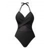 Sheer Mesh Pane Crossover Plunge Halter One-piece Swimsuit - BLACK L | US 8