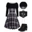 Plaid Print Off the Shoulder Dress and Chunky Heel Faux Leather Boots Lace Up Ribbed Belt Outfit - Noir S | US 4