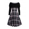 Plaid Print Off the Shoulder Dress and Chunky Heel Faux Leather Boots Lace Up Ribbed Belt Outfit - Noir S | US 4