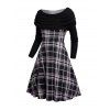 Plaid Print Off the Shoulder Dress and Chunky Heel Faux Leather Boots Lace Up Ribbed Belt Outfit - Noir S | US 4