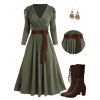 Cinched Ruched Surplice Plunge Belted Midi Dress and Lace Up Mid Calf Boots Waterdrop Beads Drop Earrings Outfit - Vert profond S | US 4