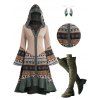 Elk Snowflake Tribal Pattern Knit High Low Hooded Dress and Over The Knee Boots Minimalist Tree Design Earrings Outfit - Vert profond S | US 4