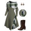 Plaid Patchwork Off The Shoulder Cinched Asymmetric Dress and Lace Up Mid Calf Boots Faux Crystal Drop Earrings Outfit - Vert profond S | US 4