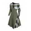 Plaid Patchwork Off The Shoulder Cinched Asymmetric Dress and Lace Up Mid Calf Boots Faux Crystal Drop Earrings Outfit - Vert profond S | US 4