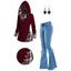 Twisted Cable Knit Plaid Print Hooded Sweater and Lace Up Flare Jeans Heart Rose Rivet Drop Earrings Outfit - Rouge foncé S | US 4