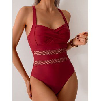 Hollow Out Mesh Crossover Ruched Solid Color One-piece Swimsuit 