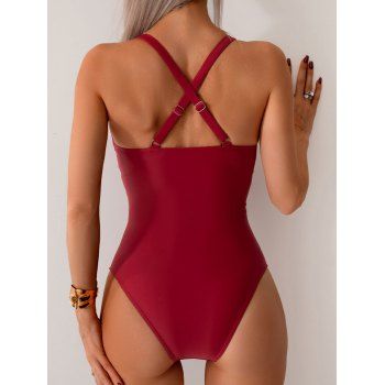 Hollow Out Mesh Crossover Ruched Solid Color One-piece Swimsuit 