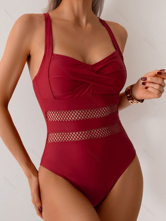 Maillot de Bain Evidé Croisé en Couleur Unie en Maille à Volants Une-Pièce - Rouge foncé M | US 6