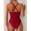 Maillot de Bain Evidé Croisé en Couleur Unie en Maille à Volants Une-Pièce - Rouge foncé S | US 4