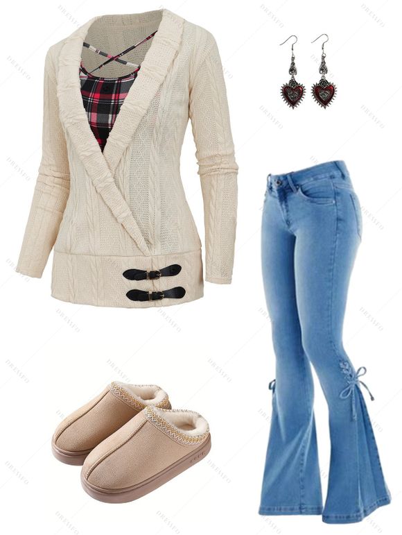 Plaid Print Cable Knit Top and Lace Up Flare Jeans Thick-Soled Slippers Heart Rose Rivet Earrings Outfit - Beige S | US 4