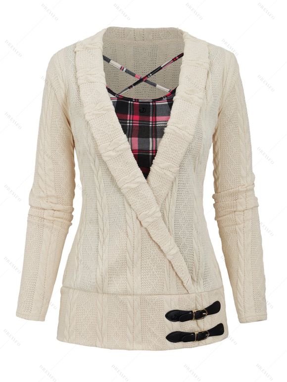 Plaid Print Cable Knit Top and Lace Up Flare Jeans Thick-Soled Slippers Heart Rose Rivet Earrings Outfit - Beige S | US 4