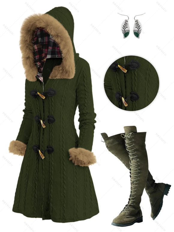 Cable Knit Plaid Faux Fur Panel Hooded Coat and Over The Knee Boots Minimalist Tree Earrings Outfit - Vert profond S | US 4