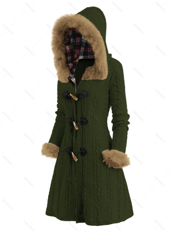 Cable Knit Plaid Faux Fur Panel Hooded Coat and Over The Knee Boots Minimalist Tree Earrings Outfit - Vert profond S | US 4
