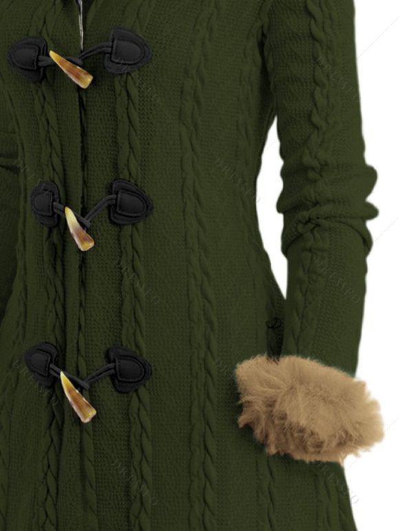 Cable Knit Plaid Faux Fur Panel Hooded Coat and Over The Knee Boots Minimalist Tree Earrings Outfit - Vert profond S | US 4