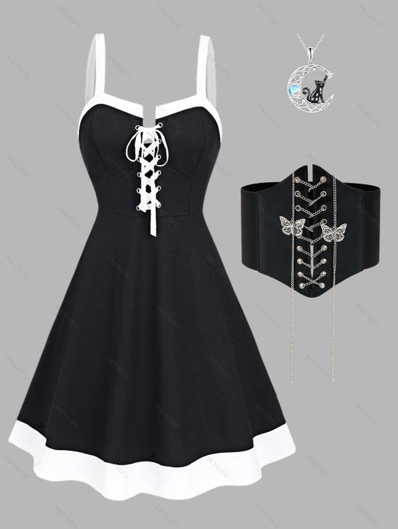 Two Tone Lace Up Mini Dress and Butterfly Chain Wide Belt Rhinestone Chain Necklace Outfit - Noir S | US 4