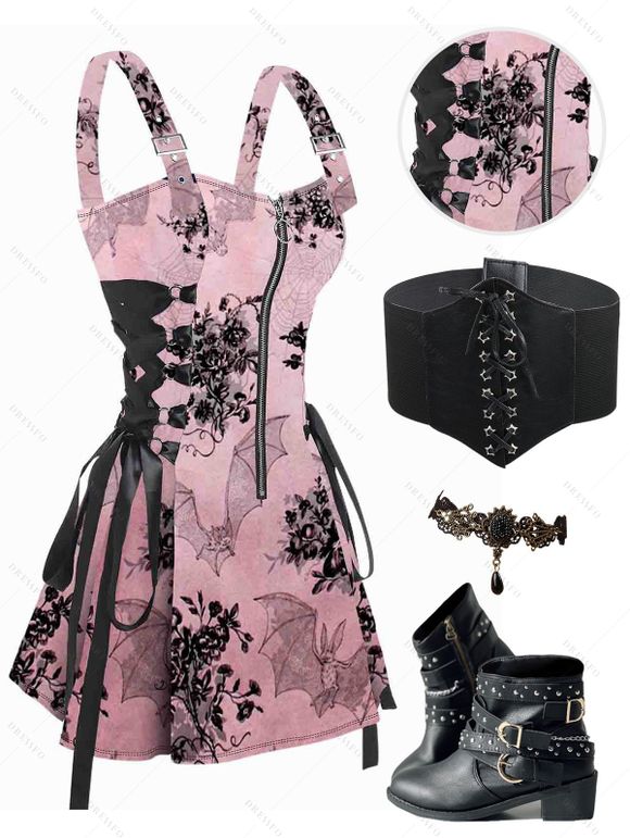 Bat Floral Print Buckle Strap Dress and Zip Up Chunky Heel Boots Lace Up Wide Belt Retro Ankle Chain Outfit - Rose clair S | US 4