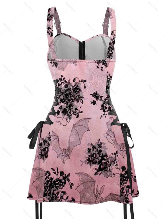 Bat Floral Print Buckle Strap Dress and Zip Up Chunky Heel Boots Lace Up Wide Belt Retro Ankle Chain Outfit - Rose clair S | US 4