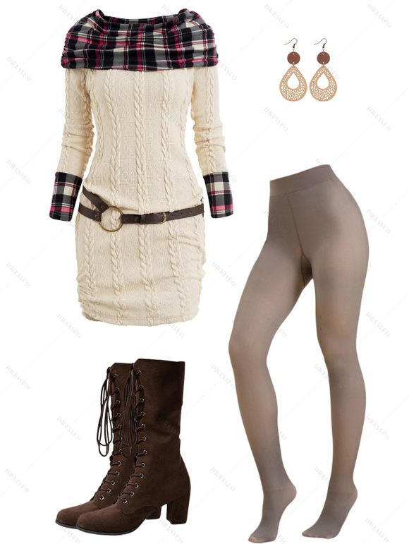 Plaid Cable Knit Belted Sweater Dress and Sheer Fleece-Lined Tights Leggings Lace Up Mid Calf Boots Wood Drop Earrings Outfit - Beige S | US 4