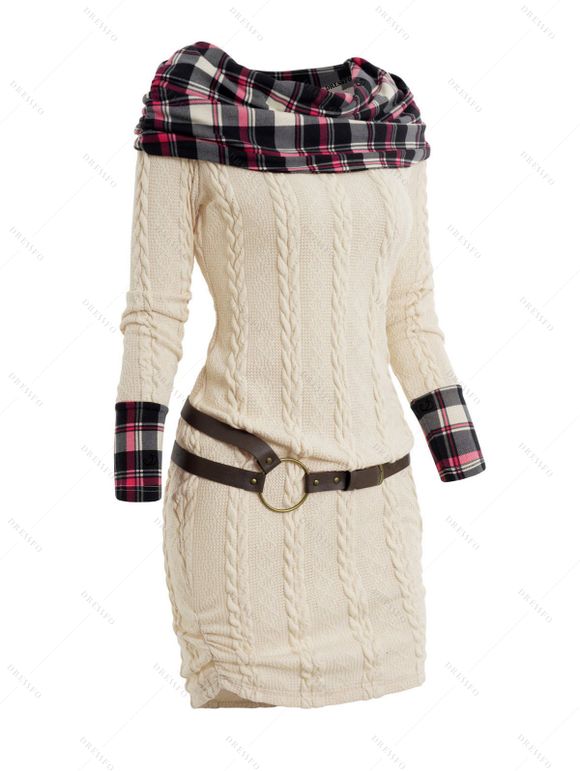 Plaid Cable Knit Belted Sweater Dress and Sheer Fleece-Lined Tights Leggings Lace Up Mid Calf Boots Wood Drop Earrings Outfit - Beige S | US 4